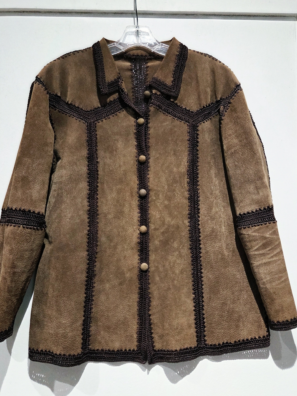 Brown Leather Trim-Detail Jacket